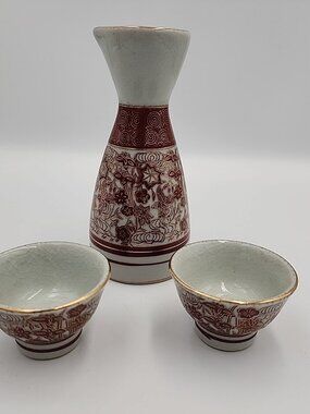 Vintage Kutani Japanese Porcelain Flowers & Quail Sake Set Decanter Cups Ceramic
